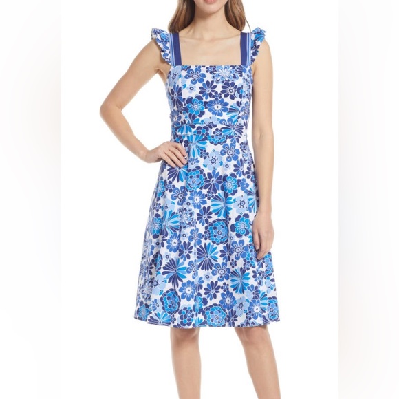 Tahari ASL Floral Ruffle Strap Blue White Casual Retro Open back Mini Midi Dress - Picture 2 of 11